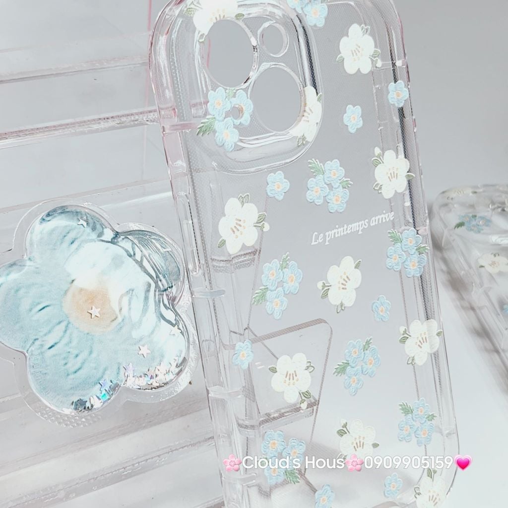 Case Phao Ốp điện thoại iPhone Trong Suốt Hoa có Popsocket IPhone 11/12/13/14/15/Pro/Promax
