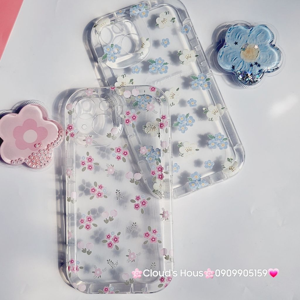 Case Phao Ốp điện thoại iPhone Trong Suốt Hoa có Popsocket IPhone 11/12/13/14/15/Pro/Promax