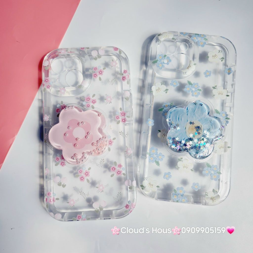 Case Phao Ốp điện thoại iPhone Trong Suốt Hoa có Popsocket IPhone 11/12/13/14/15/Pro/Promax