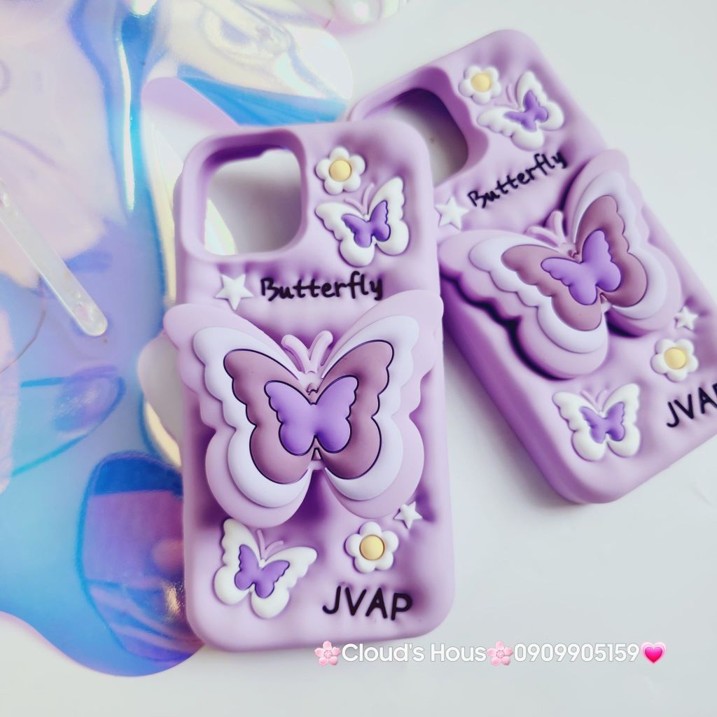 Case Ốp điện thoại iPhone Su dẻo Cánh bướm dối gian Popsocket iPhone 11/12/13/14/15/Plus/Pro/Promax (Hồng - Tím)