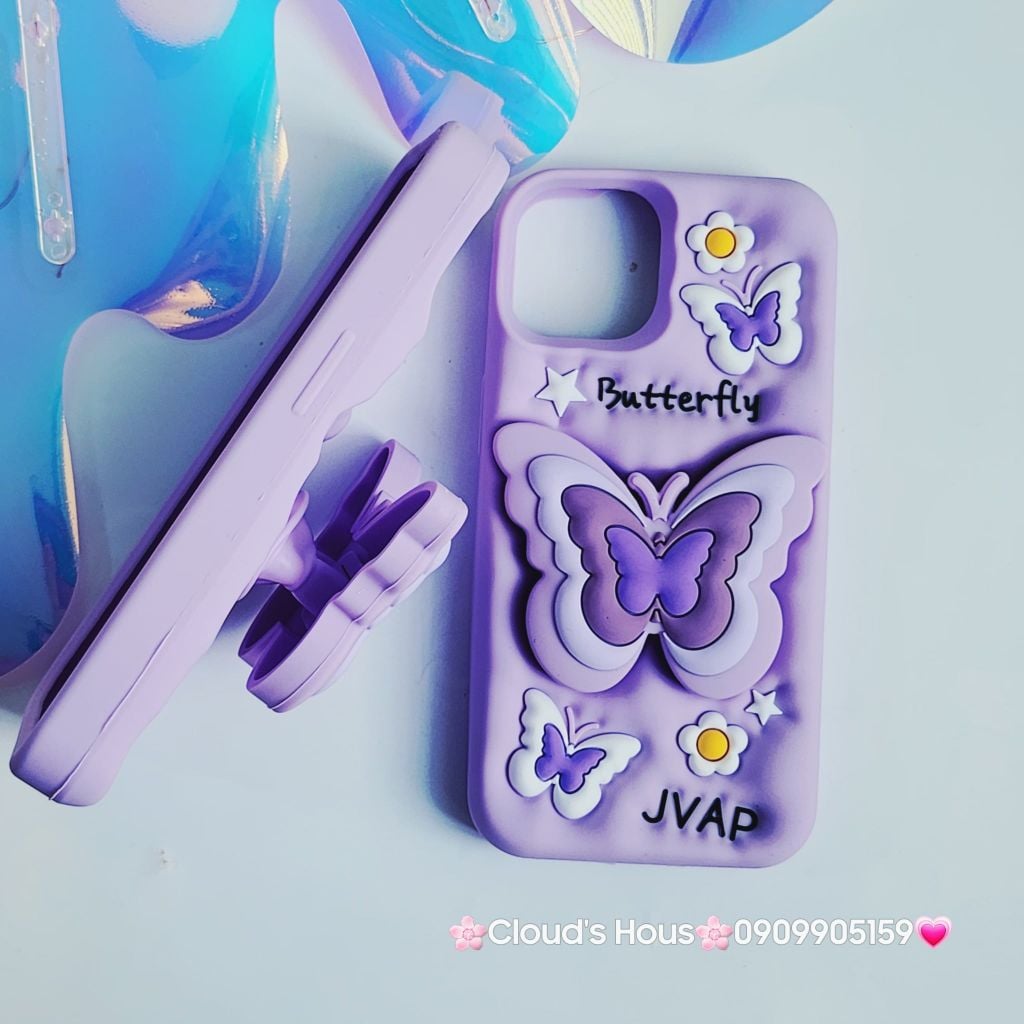 Case Ốp điện thoại iPhone Su dẻo Cánh bướm dối gian Popsocket iPhone 11/12/13/14/15/Plus/Pro/Promax (Hồng - Tím)