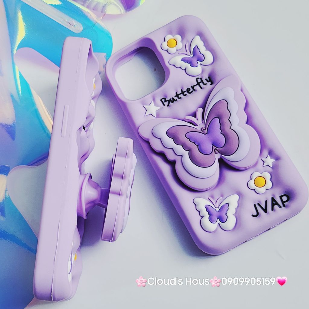 Case Ốp điện thoại iPhone Su dẻo Cánh bướm dối gian Popsocket iPhone 11/12/13/14/15/Plus/Pro/Promax (Hồng - Tím)