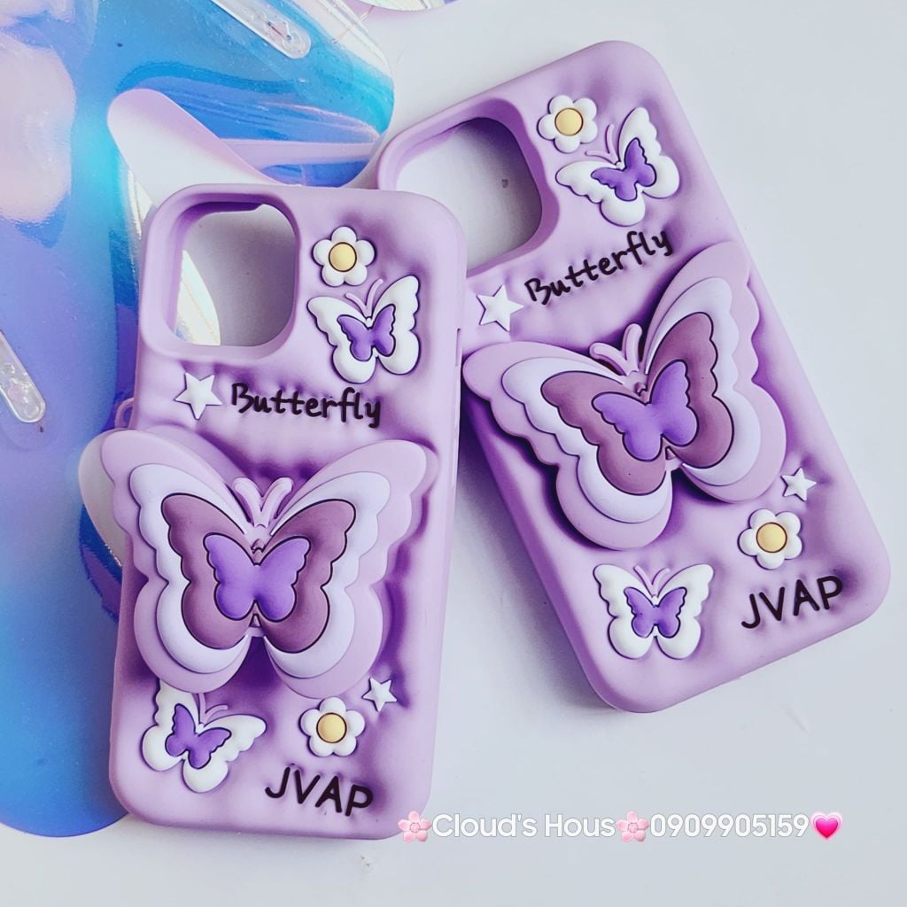 Case Ốp điện thoại iPhone Su dẻo Cánh bướm dối gian Popsocket iPhone 11/12/13/14/15/Plus/Pro/Promax (Hồng - Tím)