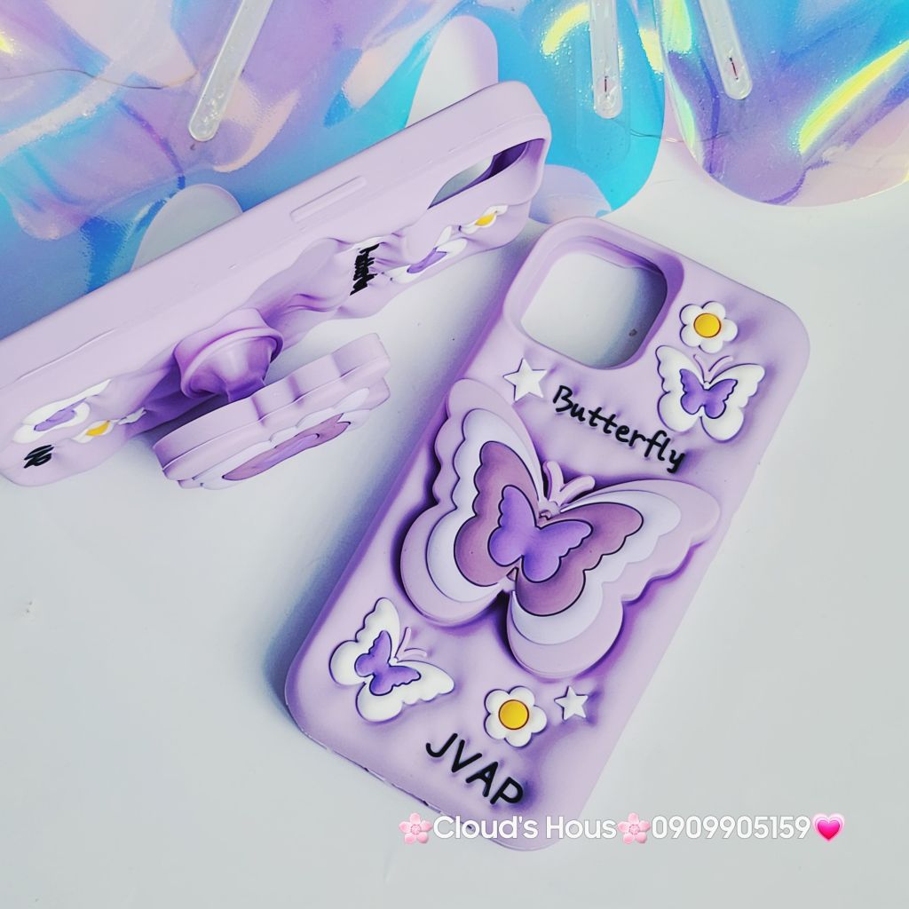Case Ốp điện thoại iPhone Su dẻo Cánh bướm dối gian Popsocket iPhone 11/12/13/14/15/Plus/Pro/Promax (Hồng - Tím)