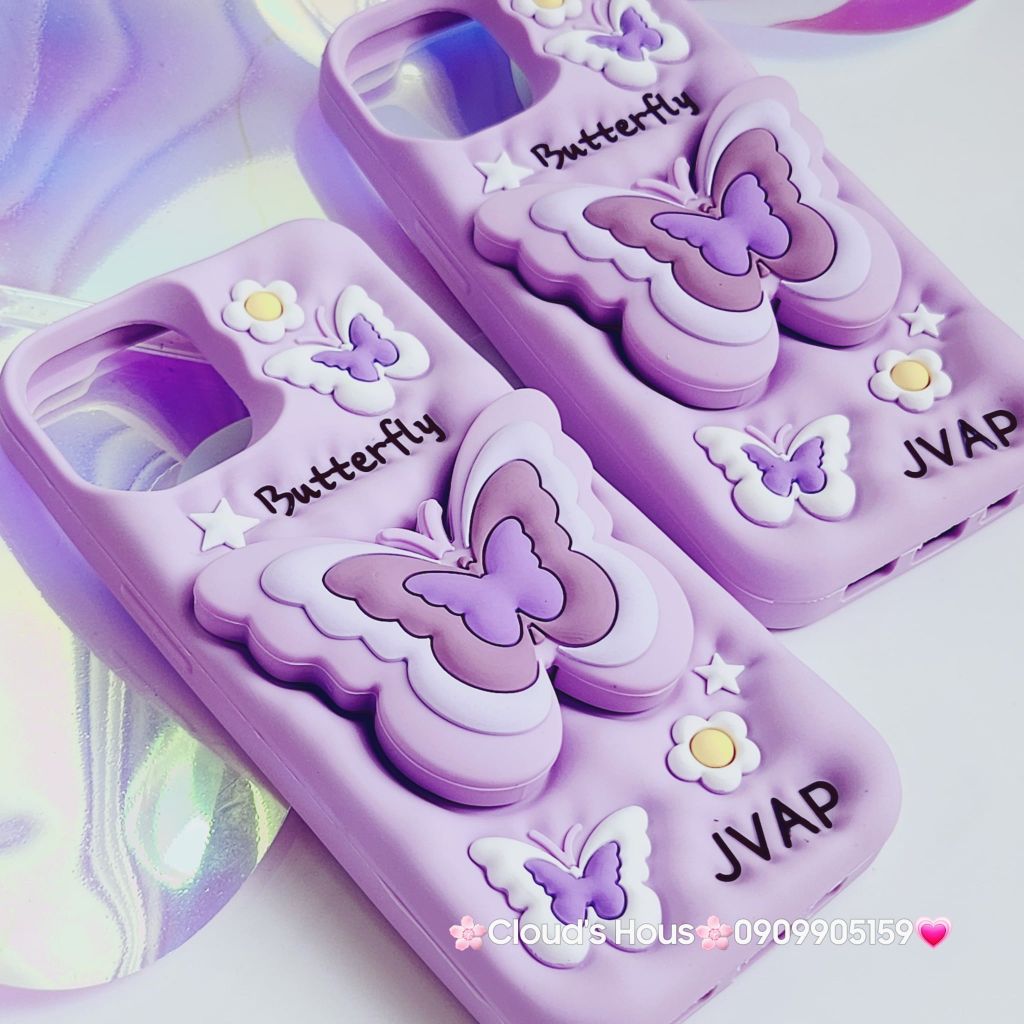 Case Ốp điện thoại iPhone Su dẻo Cánh bướm dối gian Popsocket iPhone 11/12/13/14/15/Plus/Pro/Promax (Hồng - Tím)