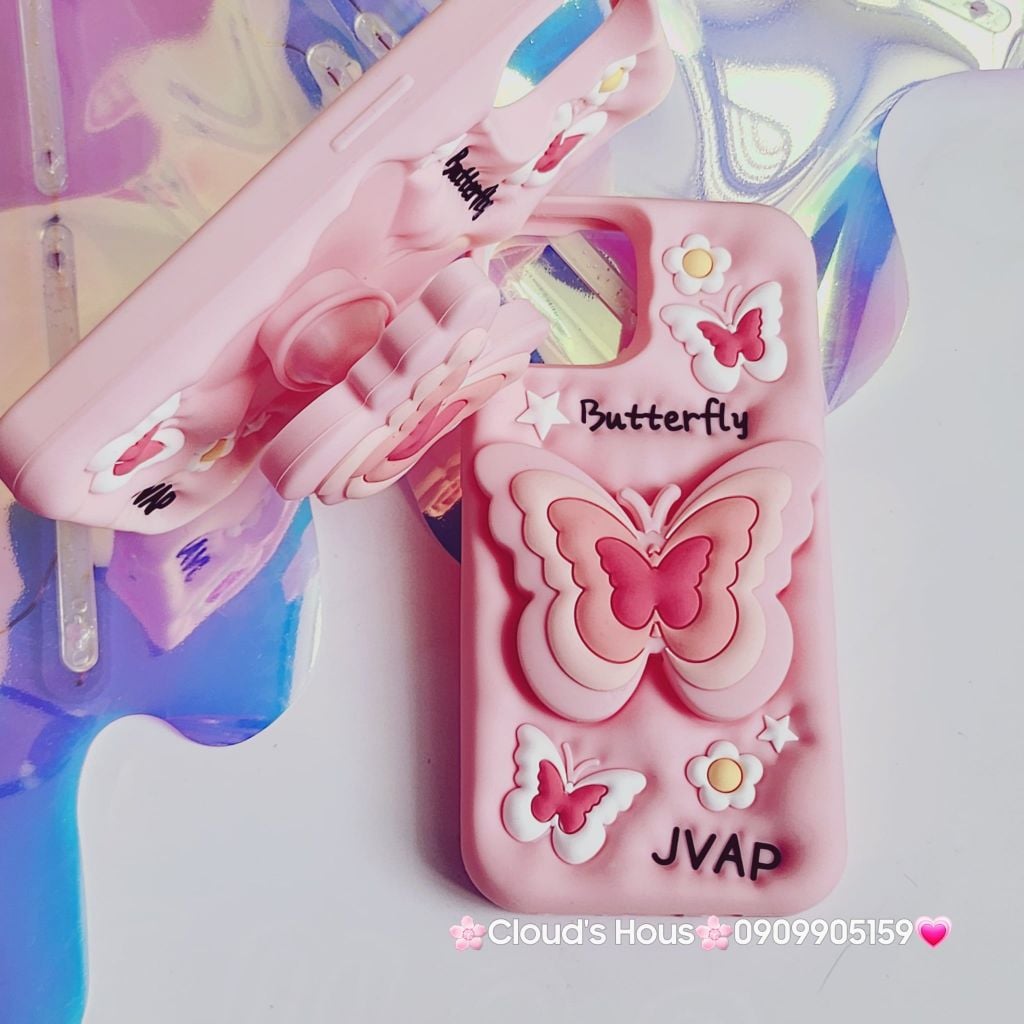 Case Ốp điện thoại iPhone Su dẻo Cánh bướm dối gian Popsocket iPhone 11/12/13/14/15/Plus/Pro/Promax (Hồng - Tím)