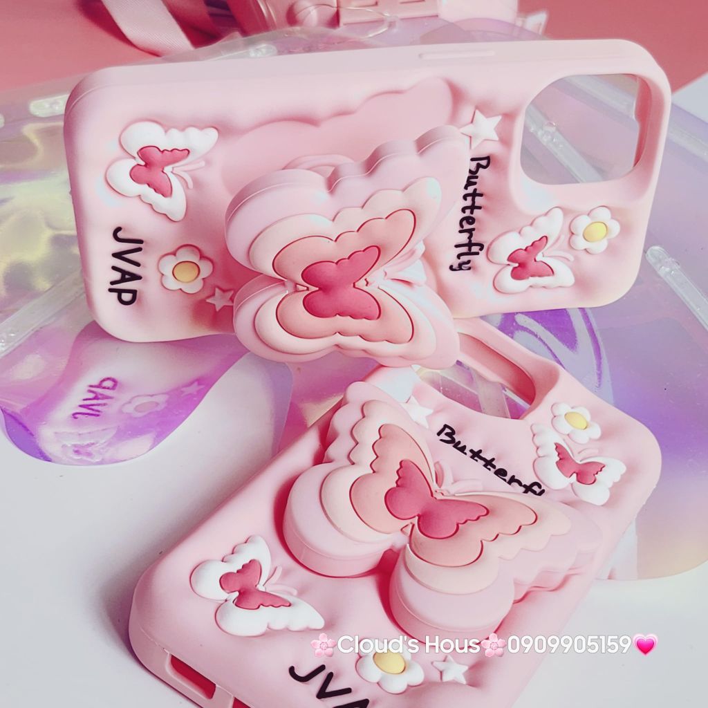 Case Ốp điện thoại iPhone Su dẻo Cánh bướm dối gian Popsocket iPhone 11/12/13/14/15/Plus/Pro/Promax (Hồng - Tím)