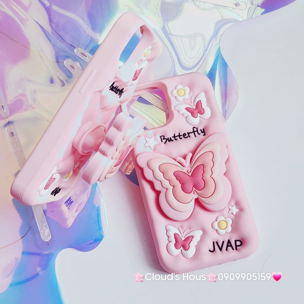 Case Ốp điện thoại iPhone Su dẻo Cánh bướm dối gian Popsocket iPhone 11/12/13/14/15/Plus/Pro/Promax (Hồng - Tím)