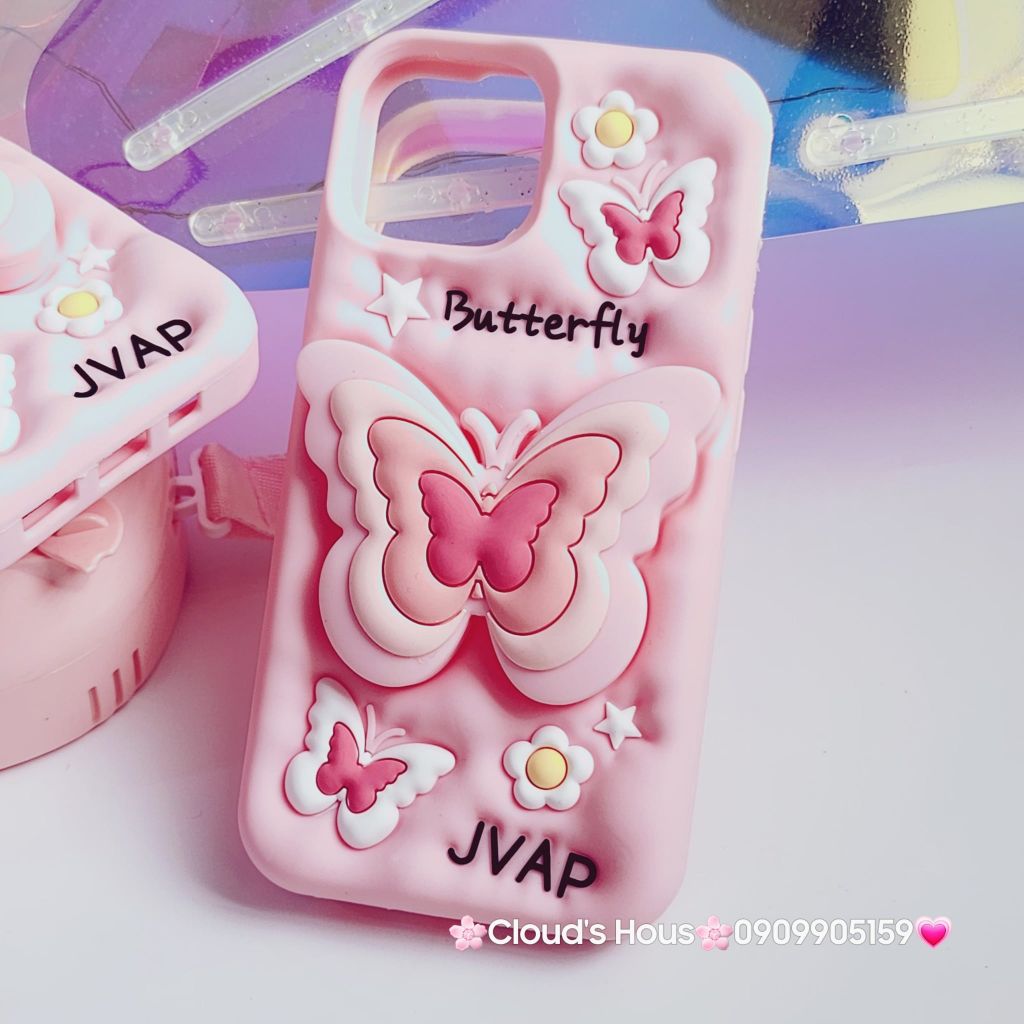 Case Ốp điện thoại iPhone Su dẻo Cánh bướm dối gian Popsocket iPhone 11/12/13/14/15/Plus/Pro/Promax (Hồng - Tím)