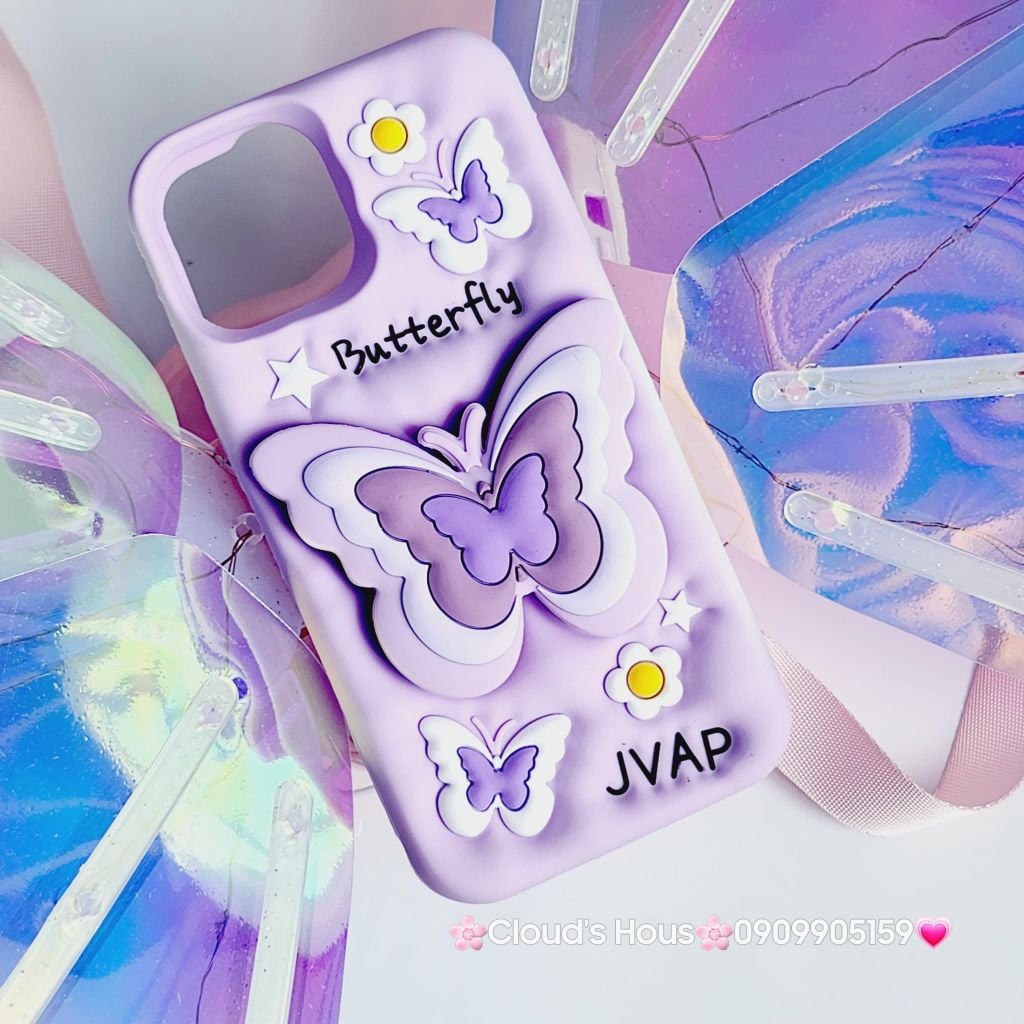 Case Ốp điện thoại iPhone Su dẻo Cánh bướm dối gian Popsocket iPhone 11/12/13/14/15/Plus/Pro/Promax (Hồng - Tím)