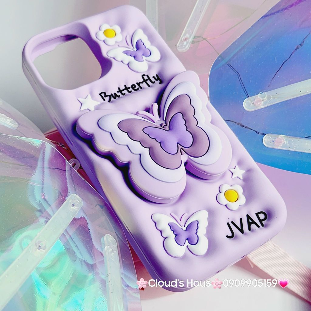 Case Ốp điện thoại iPhone Su dẻo Cánh bướm dối gian Popsocket iPhone 11/12/13/14/15/Plus/Pro/Promax (Hồng - Tím)