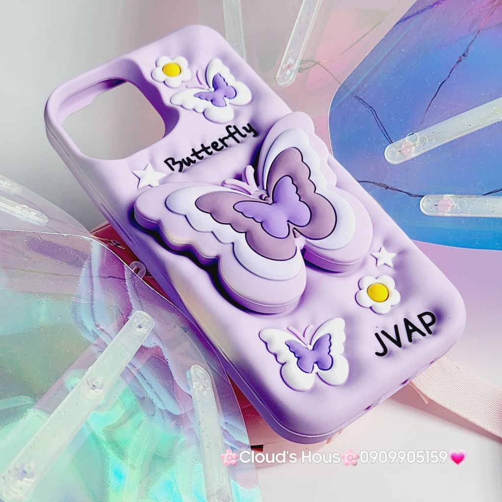 Case Ốp điện thoại iPhone Su dẻo Cánh bướm dối gian Popsocket iPhone 11/12/13/14/15/Plus/Pro/Promax (Hồng - Tím)