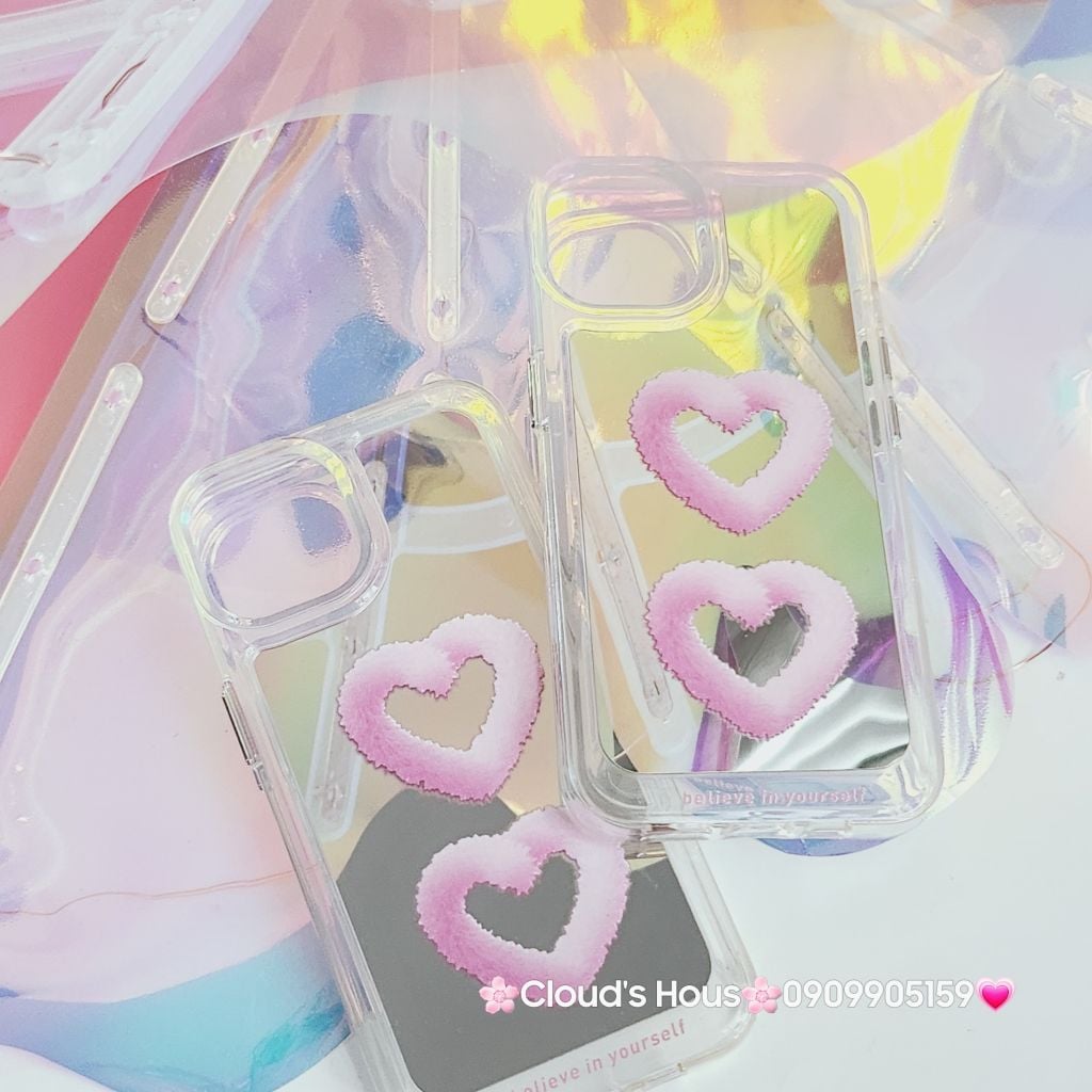 Case Ốp điện thoại iPhone Gương họa tiết Tim mây Hồng nút nổi iPhone 11/12/13/14/Pro/Promax