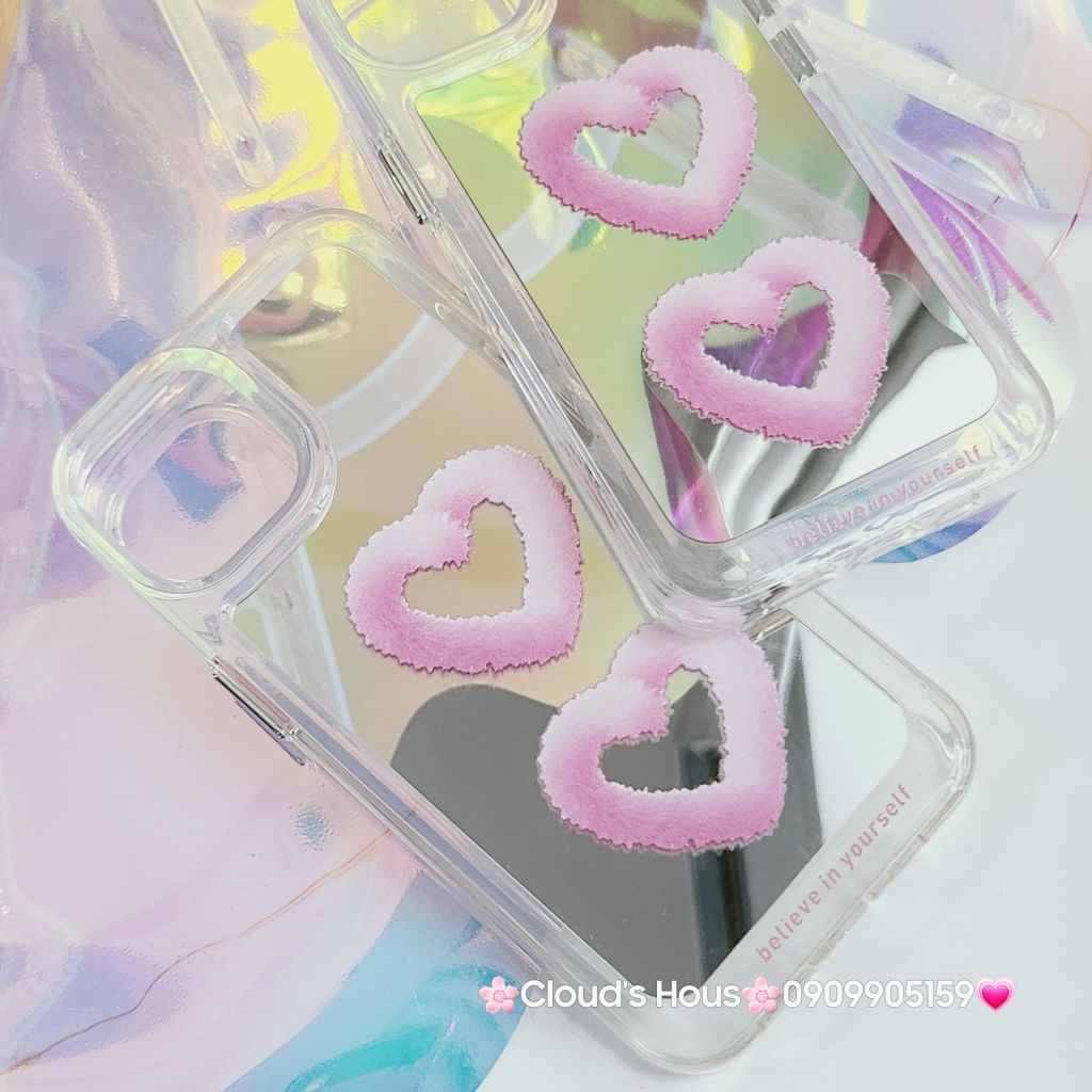 Case Ốp điện thoại iPhone Gương họa tiết Tim mây Hồng nút nổi iPhone 11/12/13/14/Pro/Promax