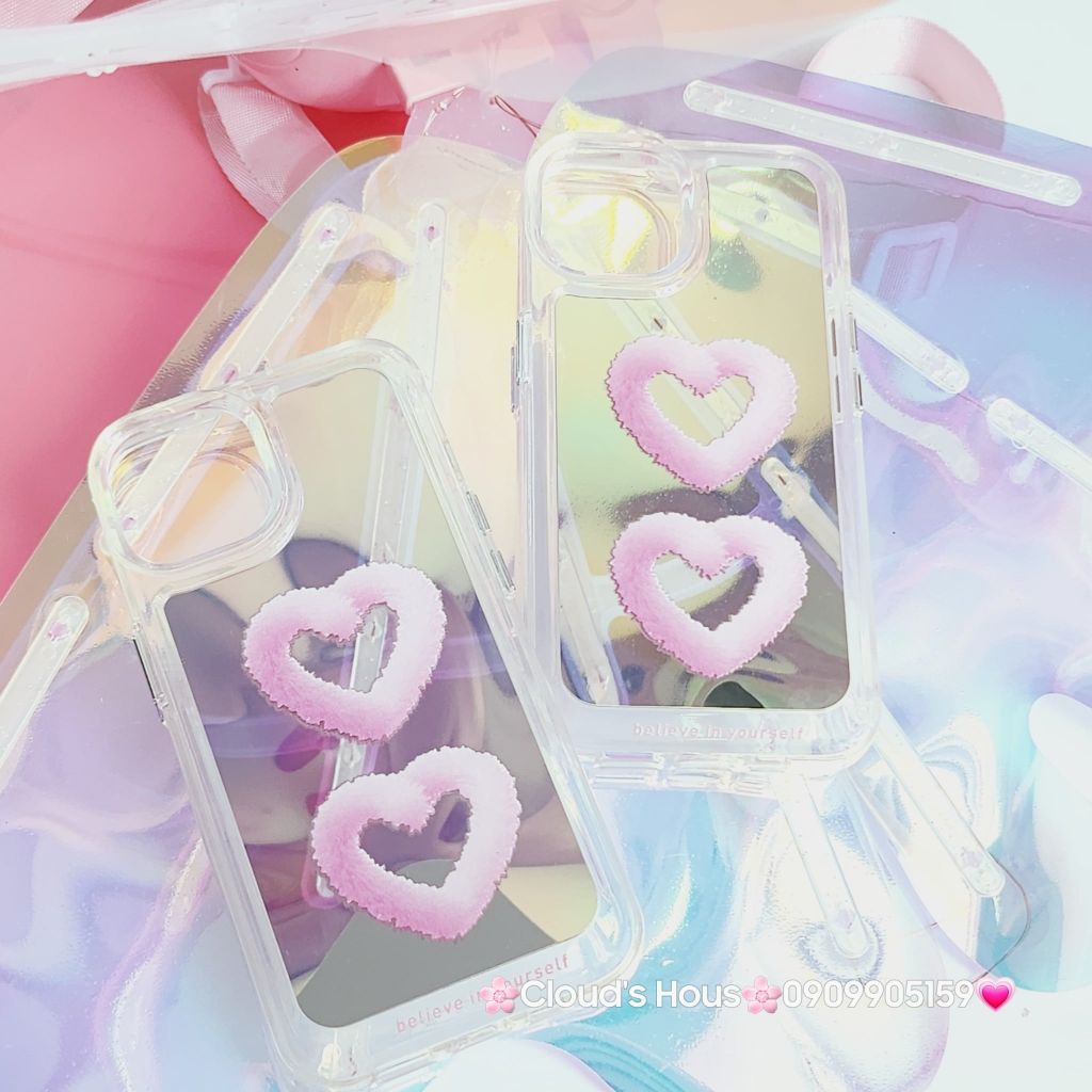 Case Ốp điện thoại iPhone Gương họa tiết Tim mây Hồng nút nổi iPhone 11/12/13/14/Pro/Promax