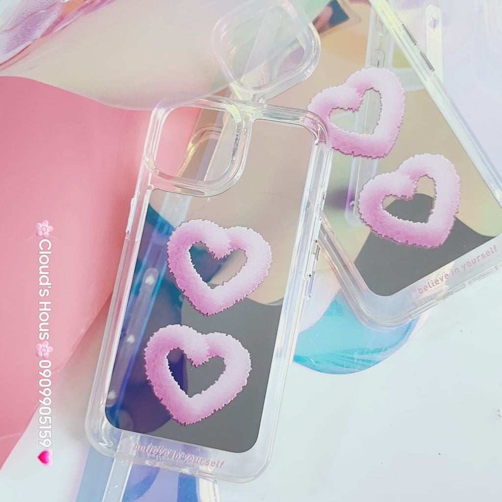 Case Ốp điện thoại iPhone Gương họa tiết Tim mây Hồng nút nổi iPhone 11/12/13/14/Pro/Promax