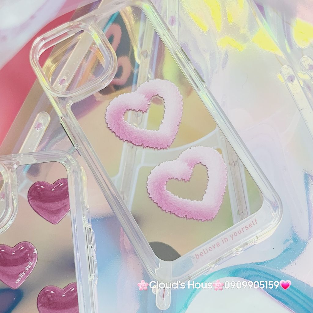 Case Ốp điện thoại iPhone Gương họa tiết Tim mây Hồng nút nổi iPhone 11/12/13/14/Pro/Promax