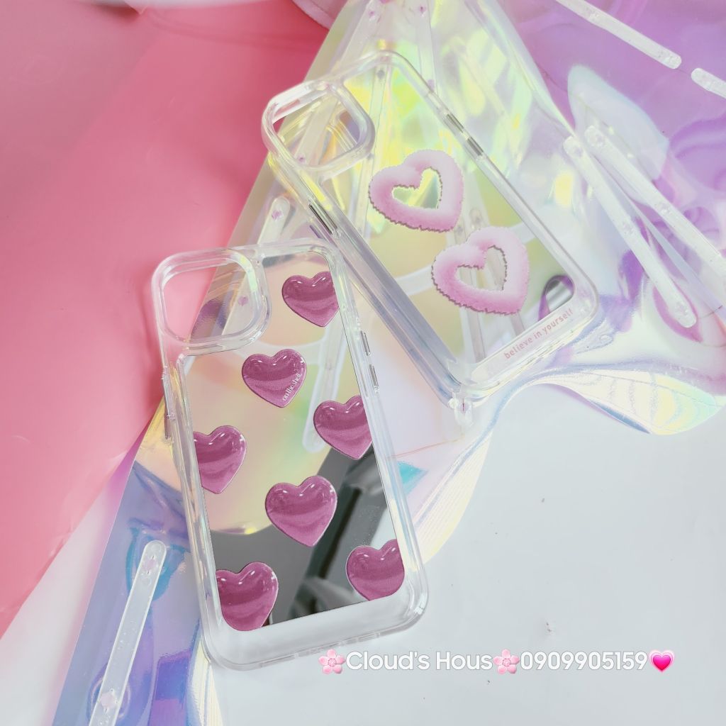 Case Ốp điện thoại iPhone Gương họa tiết Tim Hồng nút nổi iPhone 11/12/13/14/Pro/Promax