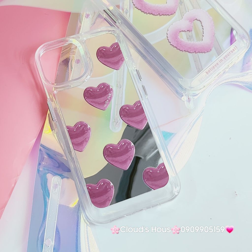 Case Ốp điện thoại iPhone Gương họa tiết Tim Hồng nút nổi iPhone 11/12/13/14/Pro/Promax