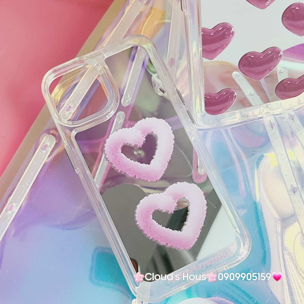 Case Ốp điện thoại iPhone Gương họa tiết Tim mây Hồng nút nổi iPhone 11/12/13/14/Pro/Promax