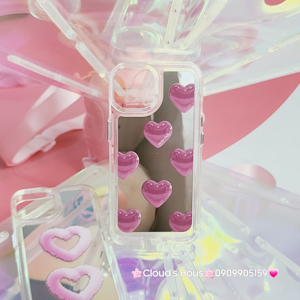 Case Ốp điện thoại iPhone Gương họa tiết Tim Hồng nút nổi iPhone 11/12/13/14/Pro/Promax
