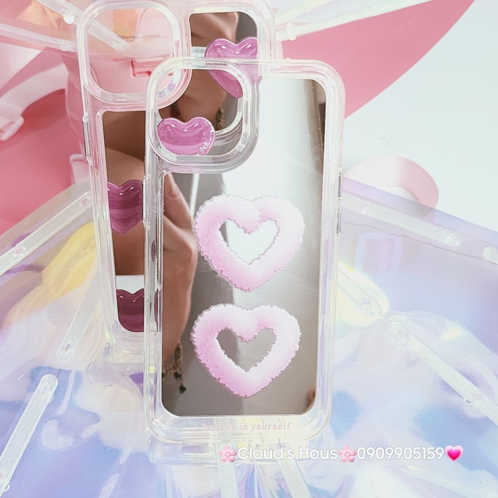 Case Ốp điện thoại iPhone Gương họa tiết Tim mây Hồng nút nổi iPhone 11/12/13/14/Pro/Promax