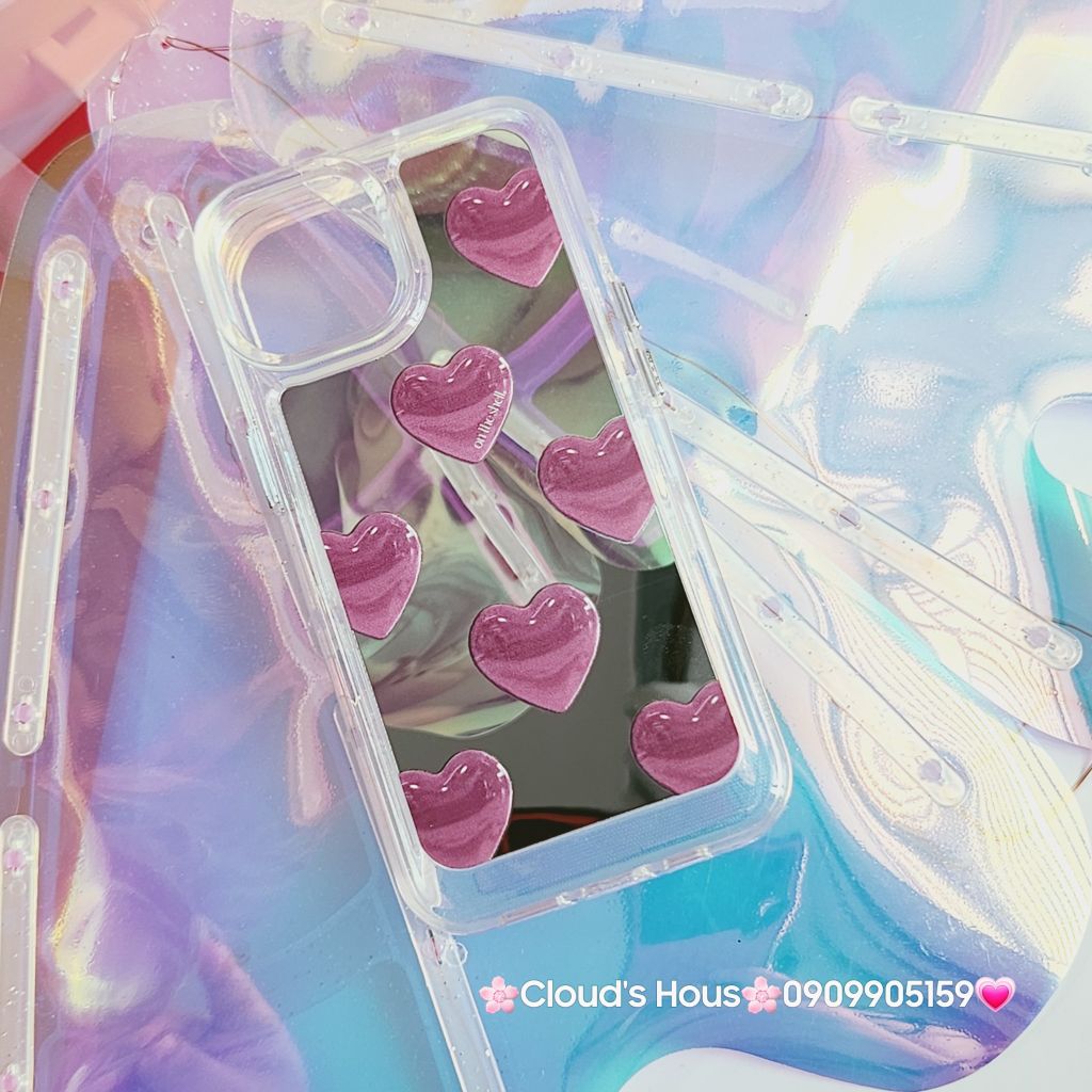 Case Ốp điện thoại iPhone Gương họa tiết Tim Hồng nút nổi iPhone 11/12/13/14/Pro/Promax