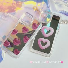 Case Ốp điện thoại iPhone Gương họa tiết Tim Hồng nút nổi iPhone 11/12/13/14/Pro/Promax