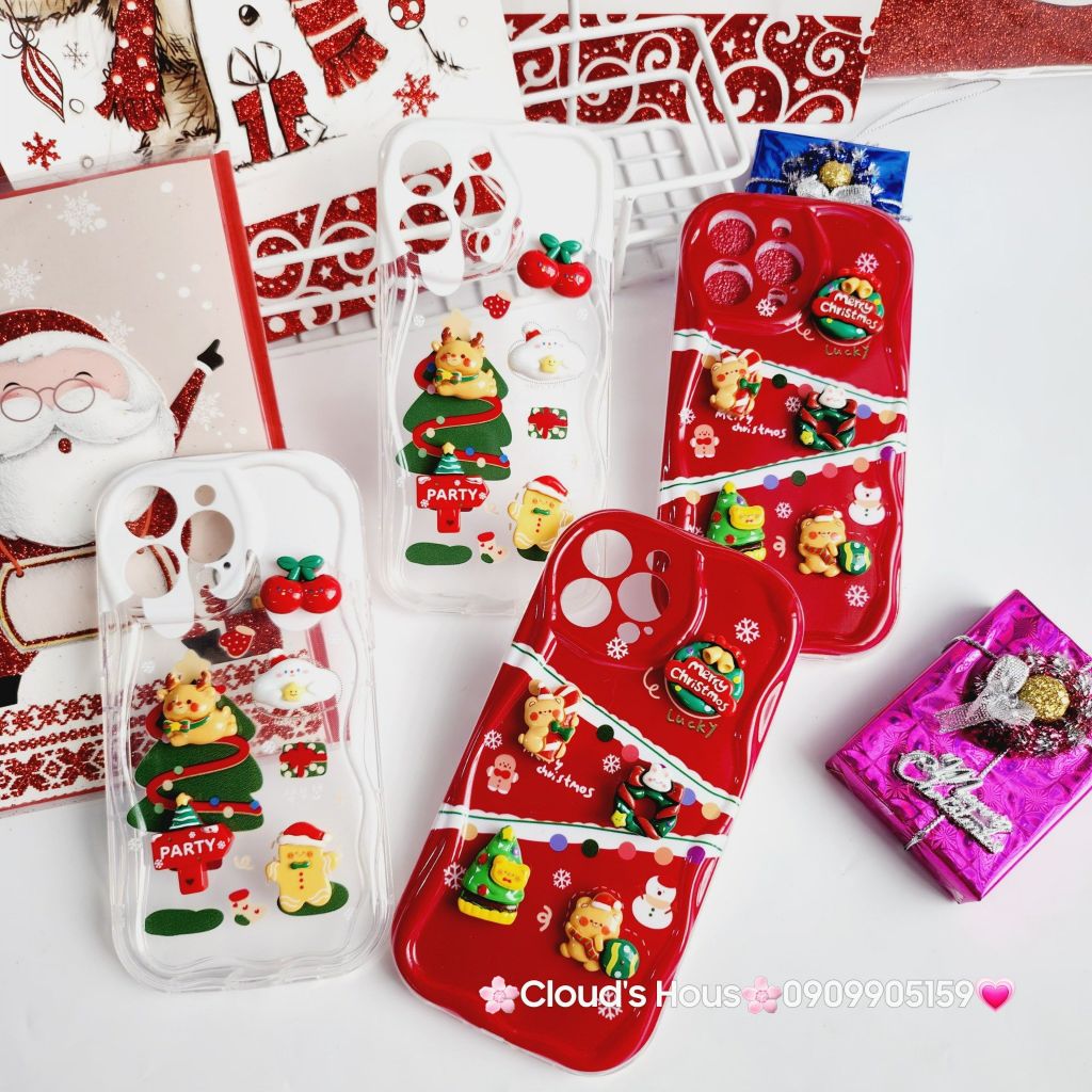 Case Ốp điện thoại iPhone Noel đỏ icon nổi dẻo iPhone 11/12/13/14/15/Plus/Pro/Promax