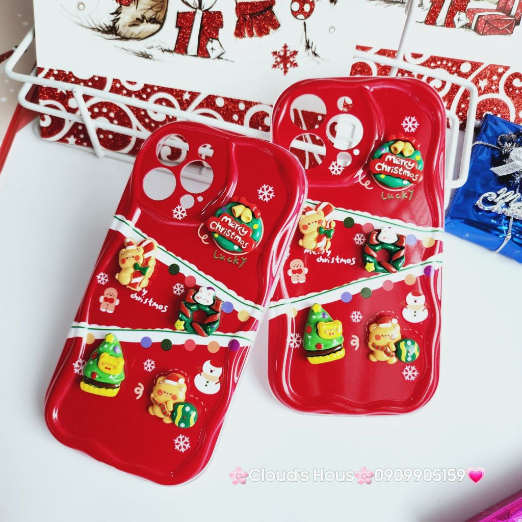 Case Ốp điện thoại iPhone Noel đỏ icon nổi dẻo iPhone 11/12/13/14/15/Plus/Pro/Promax