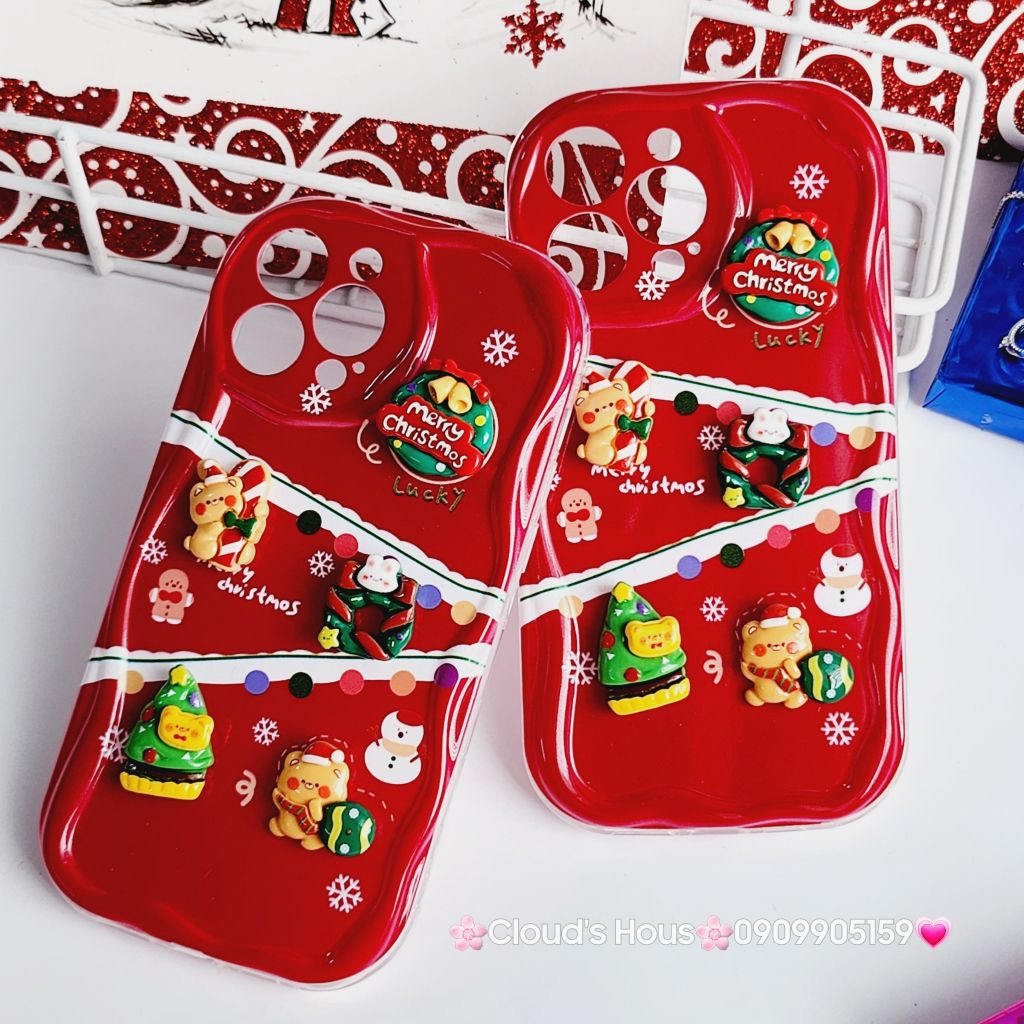 Case Ốp điện thoại iPhone Noel đỏ icon nổi dẻo iPhone 11/12/13/14/15/Plus/Pro/Promax