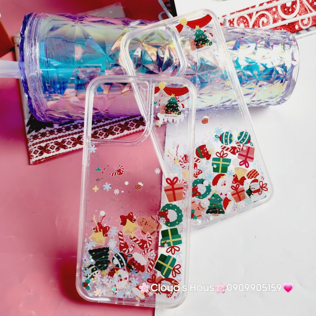 Case Ốp điện thoại iPhone Noel Trong cứng nước bling bling iPhone 11/12/13/14/15/Plus/Pro/Promax