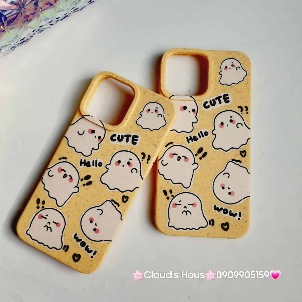 Case Ốp điện thoại iPhone Ma Ghost Cute dẻo Nền vàng iPhone 11/12/3/14/15/Plus/ProPromax
