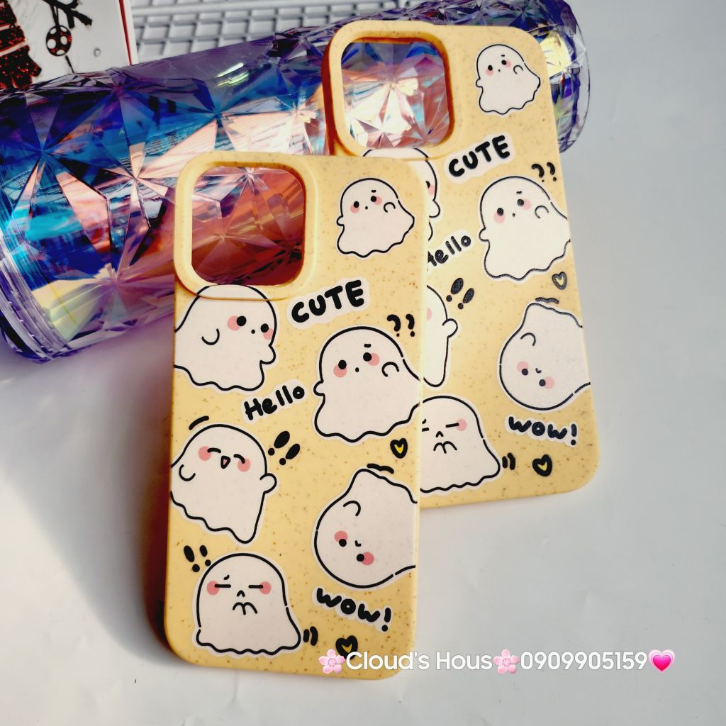 Case Ốp điện thoại iPhone Ma Ghost Cute dẻo Nền vàng iPhone 11/12/3/14/15/Plus/ProPromax