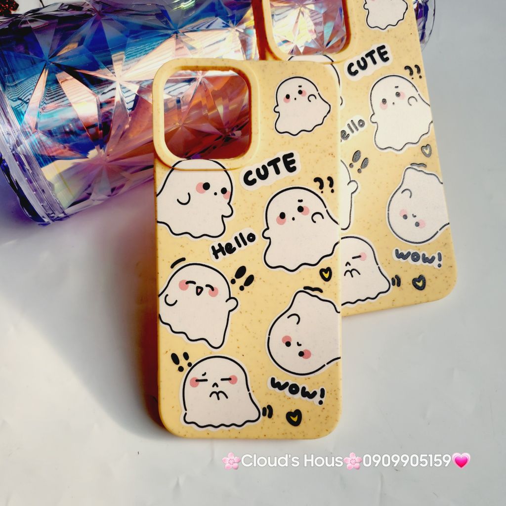 Case Ốp điện thoại iPhone Ma Ghost Cute dẻo Nền vàng iPhone 11/12/3/14/15/Plus/ProPromax