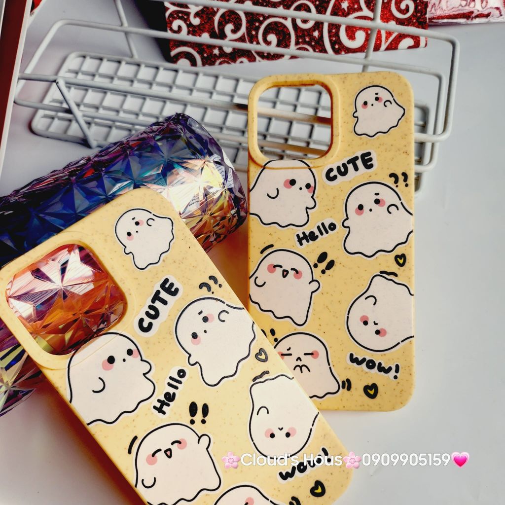 Case Ốp điện thoại iPhone Ma Ghost Cute dẻo Nền vàng iPhone 11/12/3/14/15/Plus/ProPromax