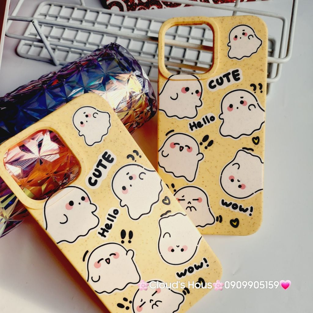 Case Ốp điện thoại iPhone Ma Ghost Cute dẻo Nền vàng iPhone 11/12/3/14/15/Plus/ProPromax