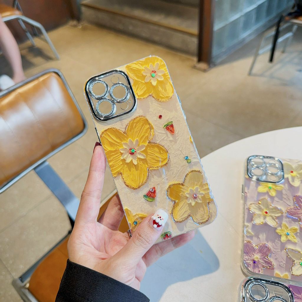 Case Ốp điện thoại iPhone HOA Nền Vàng Hologram Bảo vệ Camera Đính Đá iPhone 11/12/13/14/15/Pro/Promax