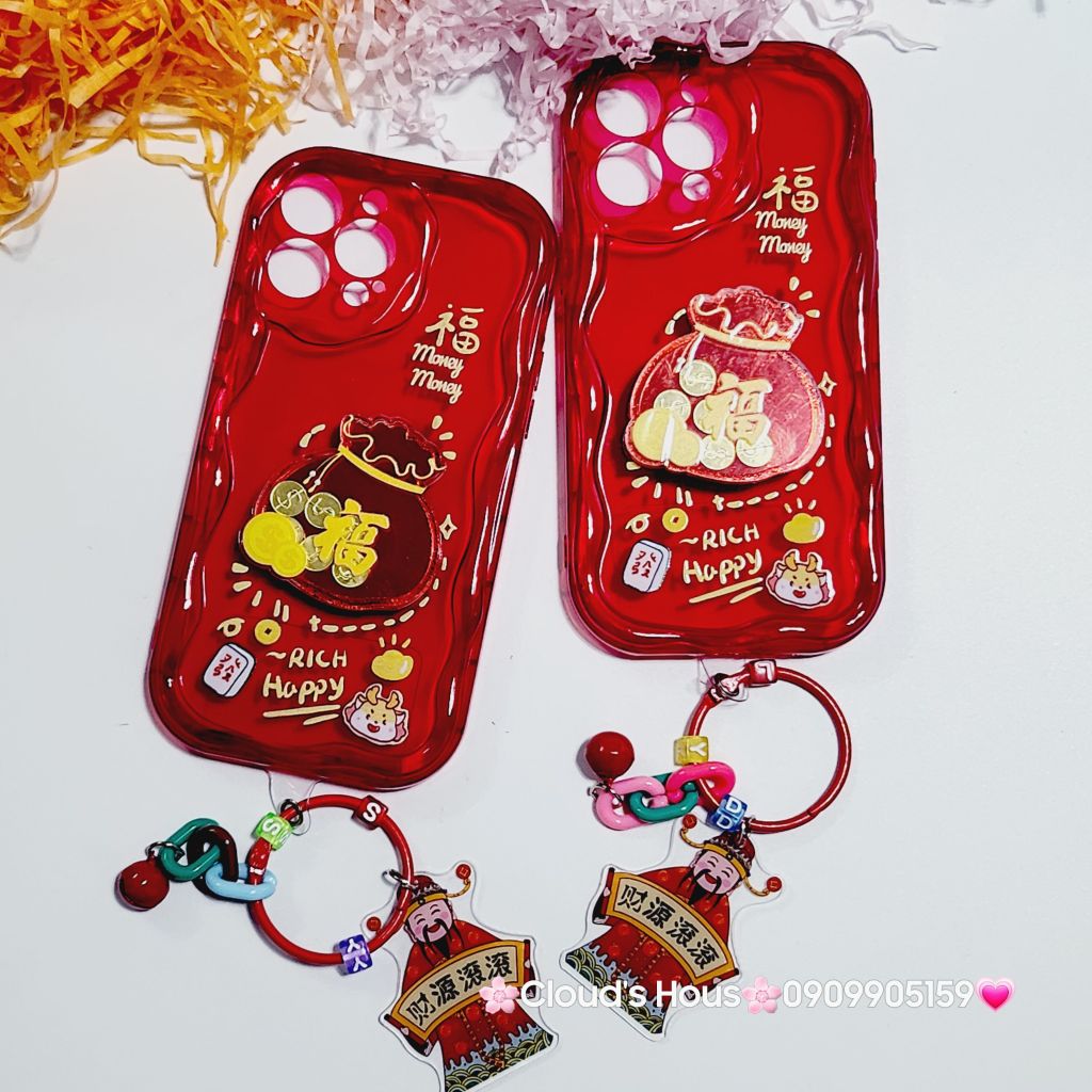 Case Ốp điện thoại iPhone Túi Tiền Vàng trong đỏ - Rich Happy dẻo phôi phao chống shock iPhone 11/12/13/14/15/Pro/Promax - TẾT (kèm charm)