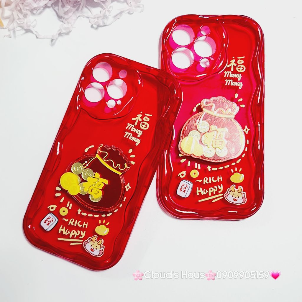 Case Ốp điện thoại iPhone Túi Tiền Vàng trong đỏ - Rich Happy dẻo phôi phao chống shock iPhone 11/12/13/14/15/Pro/Promax - TẾT (kèm charm)