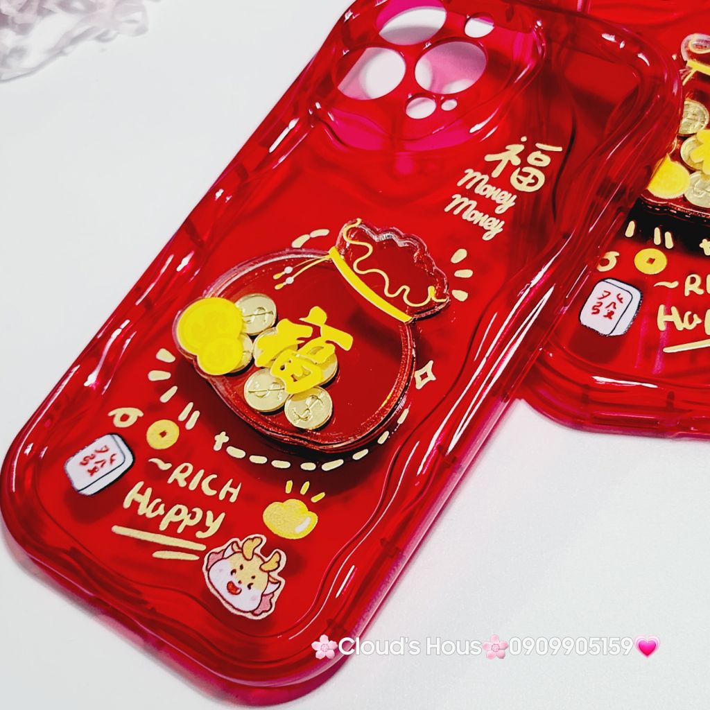 Case Ốp điện thoại iPhone Túi Tiền Vàng trong đỏ - Rich Happy dẻo phôi phao chống shock iPhone 11/12/13/14/15/Pro/Promax - TẾT (kèm charm)