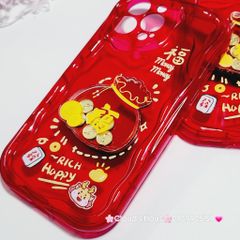 Case Ốp điện thoại iPhone Túi Tiền Vàng trong đỏ - Rich Happy dẻo phôi phao chống shock iPhone 11/12/13/14/15/Pro/Promax - TẾT (kèm charm)