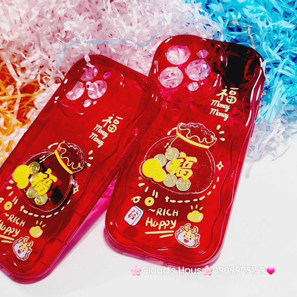 Case Ốp điện thoại iPhone Túi Tiền Vàng trong đỏ - Rich Happy dẻo phôi phao chống shock iPhone 11/12/13/14/15/Pro/Promax - TẾT (kèm charm)