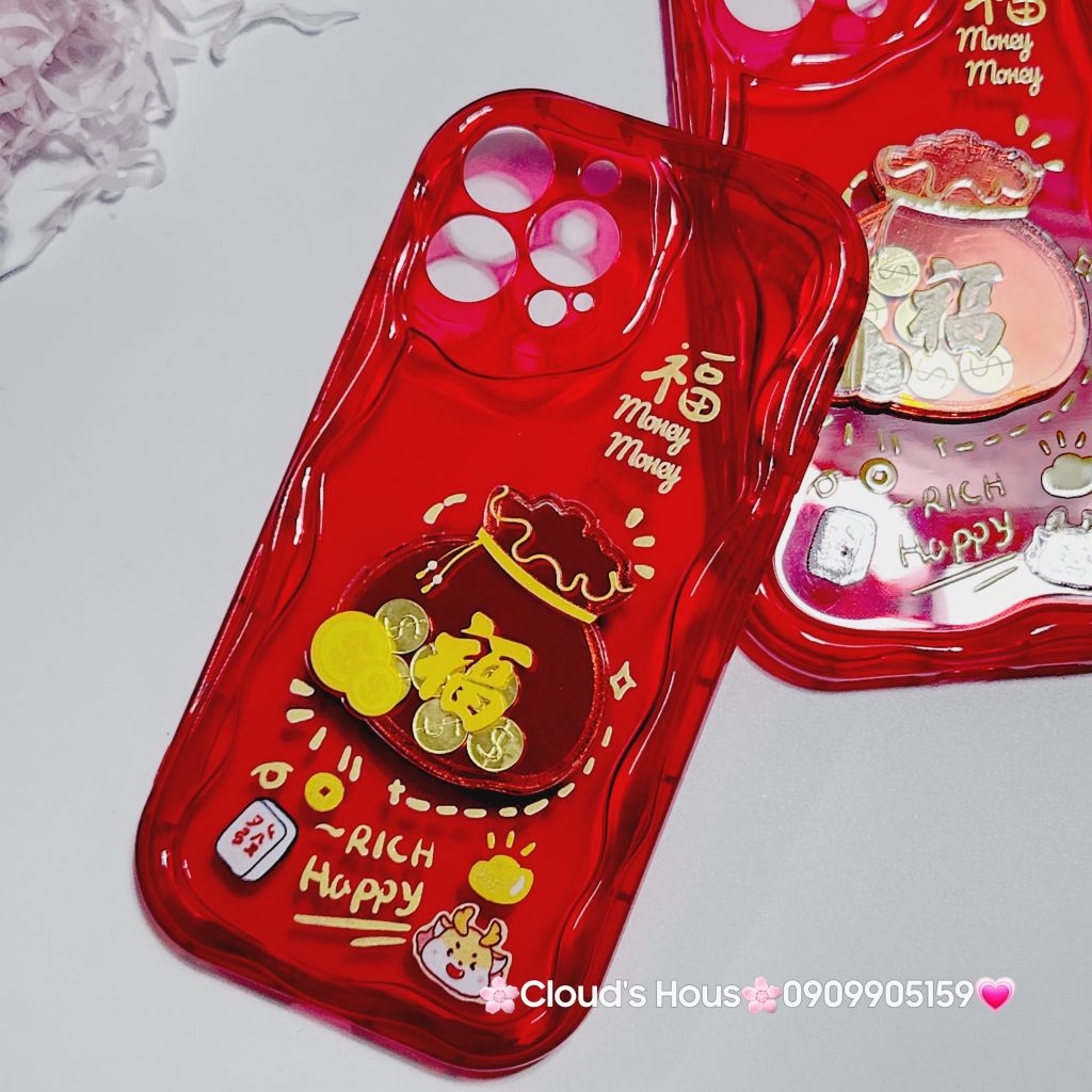 Case Ốp điện thoại iPhone Túi Tiền Vàng trong đỏ - Rich Happy dẻo phôi phao chống shock iPhone 11/12/13/14/15/Pro/Promax - TẾT (kèm charm)