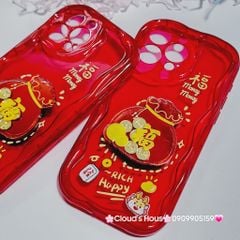 Case Ốp điện thoại iPhone Túi Tiền Vàng trong đỏ - Rich Happy dẻo phôi phao chống shock iPhone 11/12/13/14/15/Pro/Promax - TẾT (kèm charm)