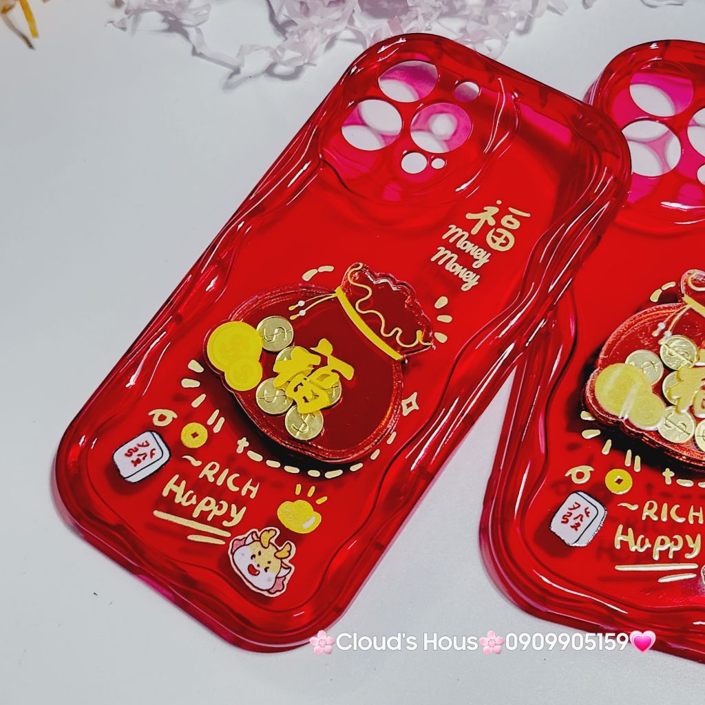 Case Ốp điện thoại iPhone Túi Tiền Vàng trong đỏ - Rich Happy dẻo phôi phao chống shock iPhone 11/12/13/14/15/Pro/Promax - TẾT (kèm charm)