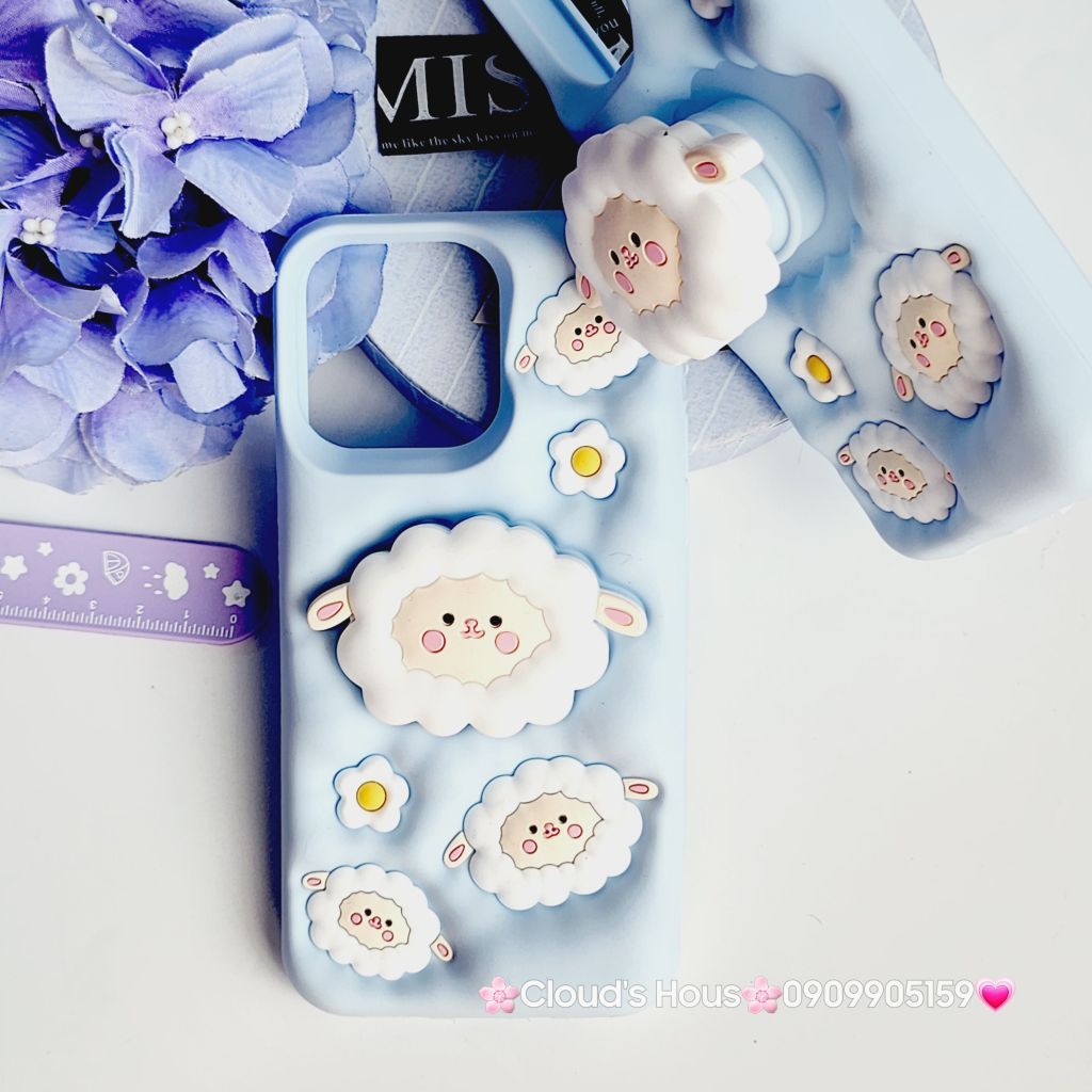 Case Ốp điện thoại iPhone Cừu Xanh - Sheep Su dẻo 3D Nổi Popsocket chống dựng iPhone 11/12/13/14/15/Plus/Pro/Promax