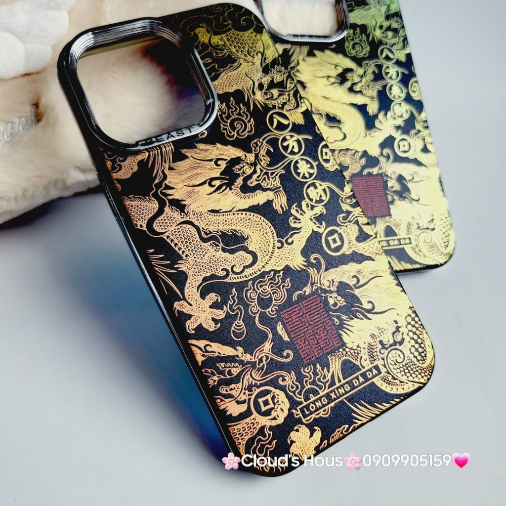 Case Ốp điện thoại iPhone Rồng Vàng Đen viền Titan iPhone 11/12/13/14/15/Pro/Promax - TẾT