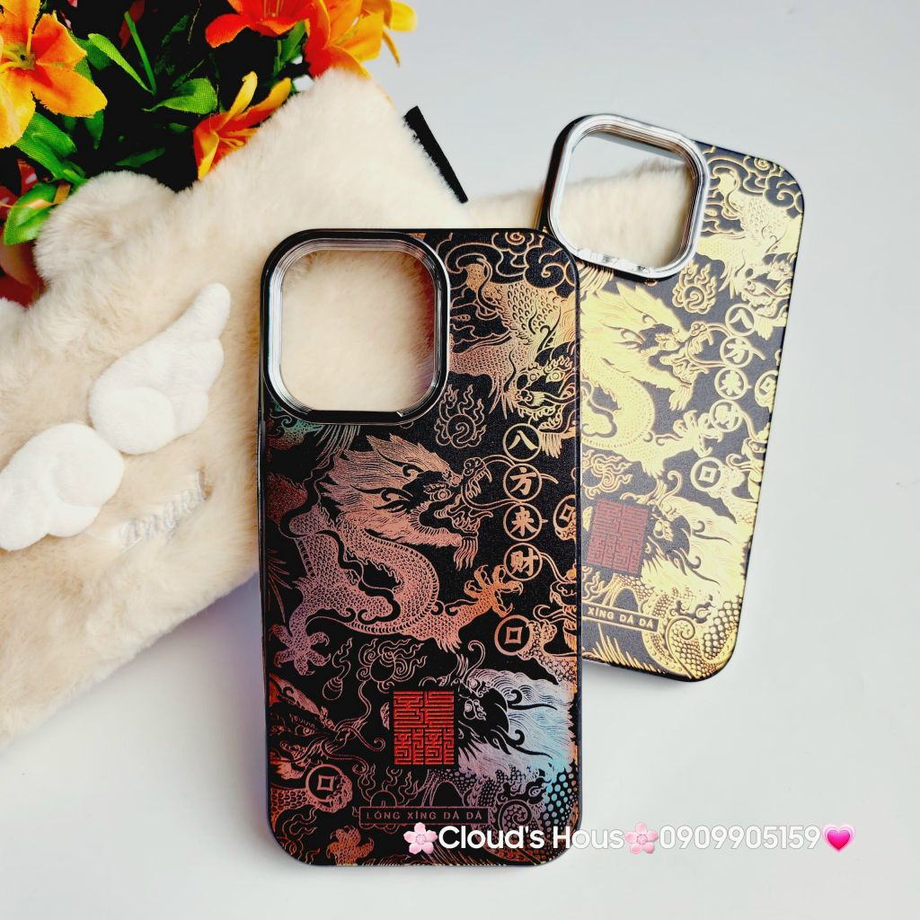 Case Ốp điện thoại iPhone Rồng Vàng Đen viền Titan iPhone 11/12/13/14/15/Pro/Promax - TẾT