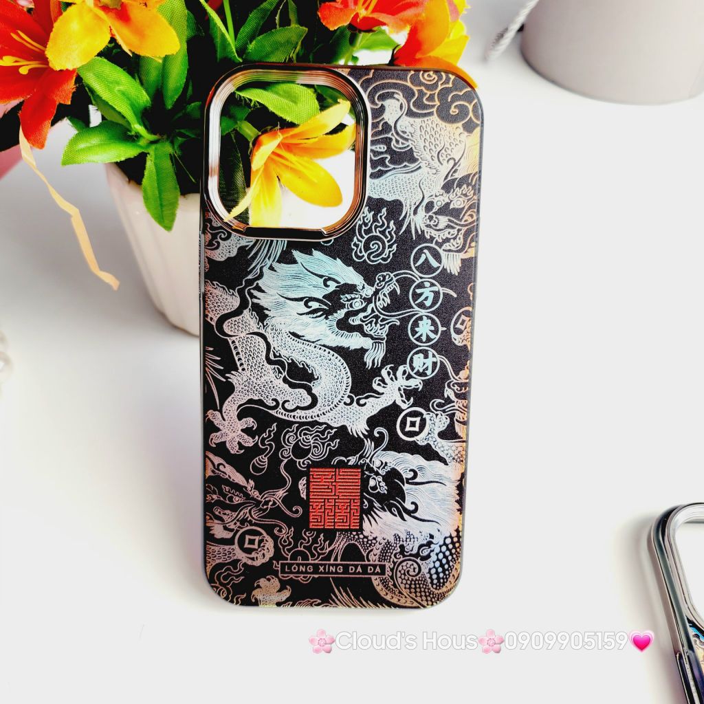 Case Ốp điện thoại iPhone Rồng Vàng Đen viền Titan iPhone 11/12/13/14/15/Pro/Promax - TẾT